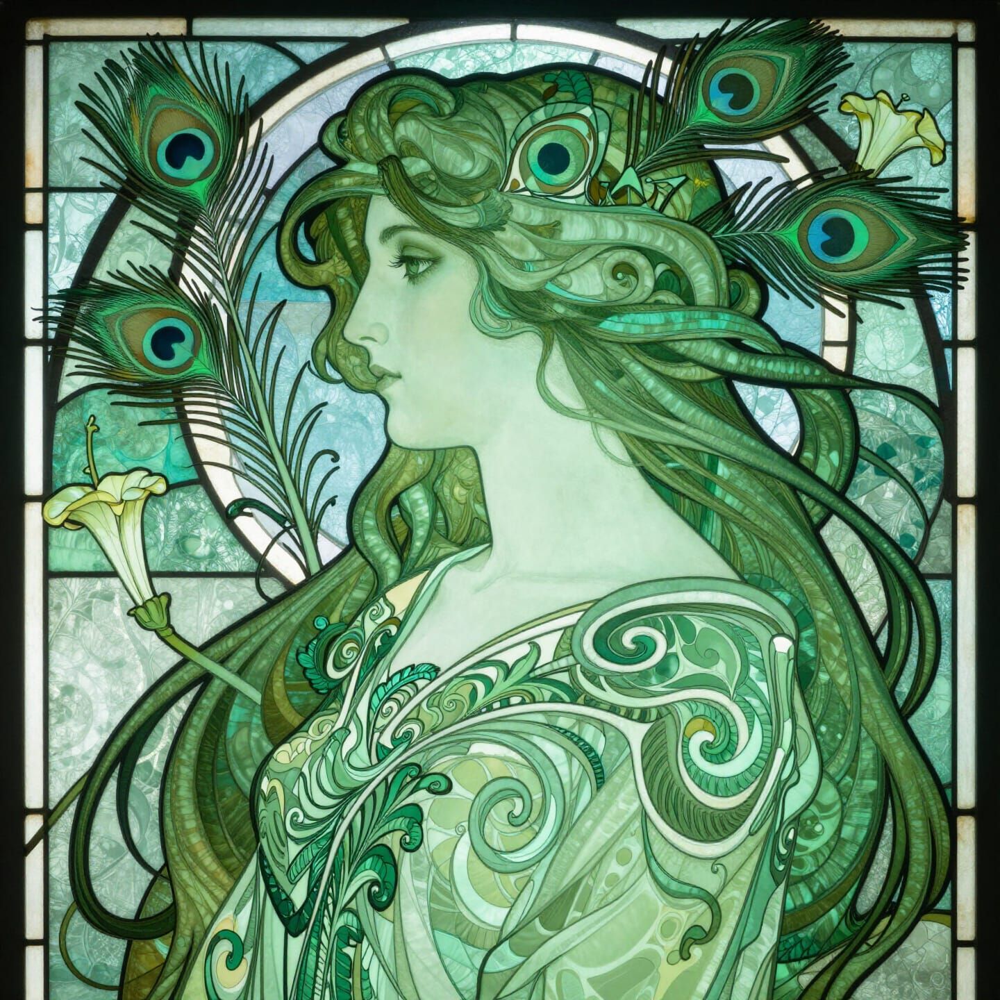 Art Nouveau Woman Portrait in Green Tones
