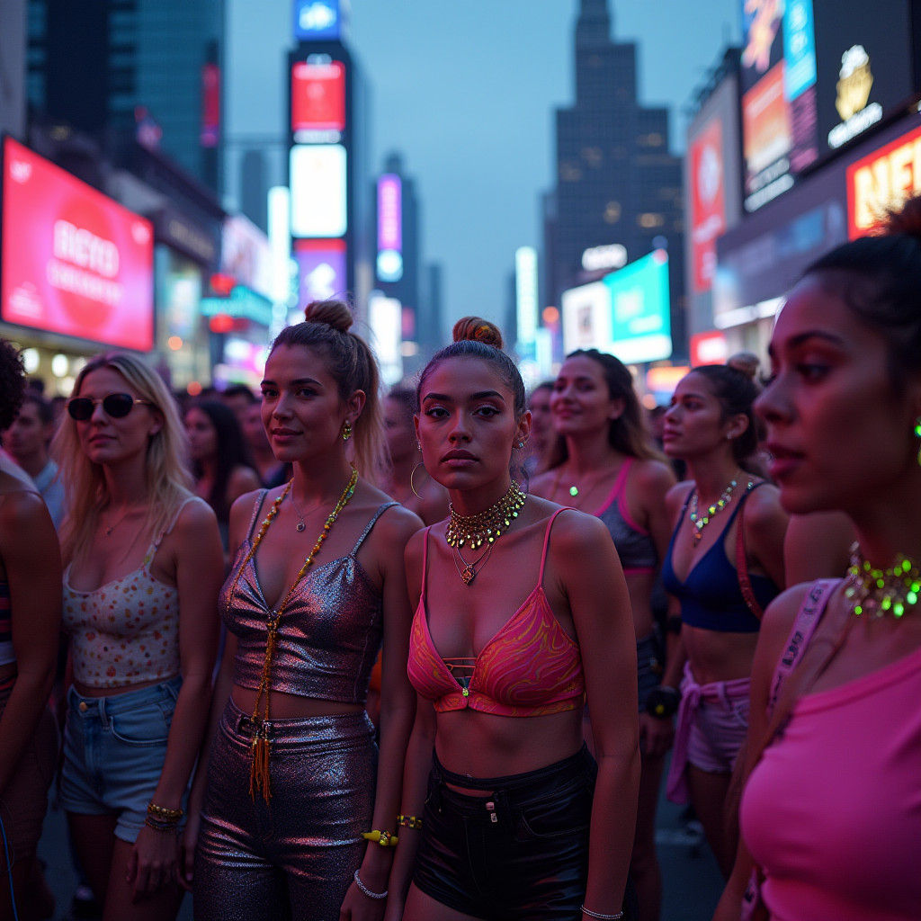 Energetic Crowd in a Neon Cityscape, Synth-Pop Aesthetic