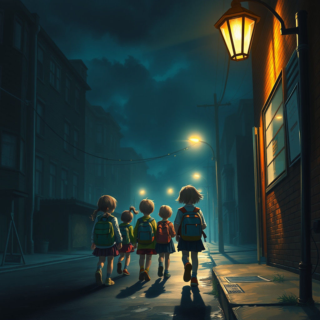 Children Wait for Bus on Dark Street: Hyperrealistic Concept...