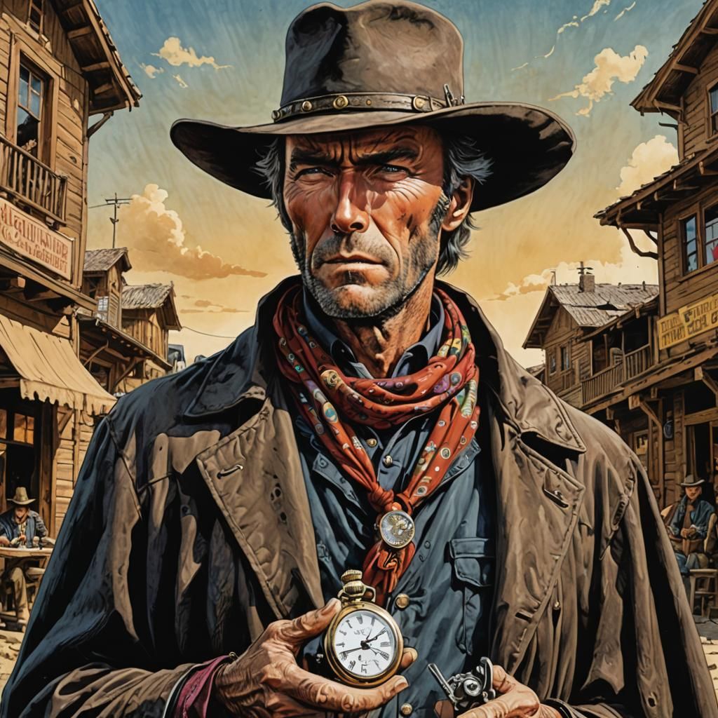 Gunslinger Portrait with Pocket Watch in Comic Art Style