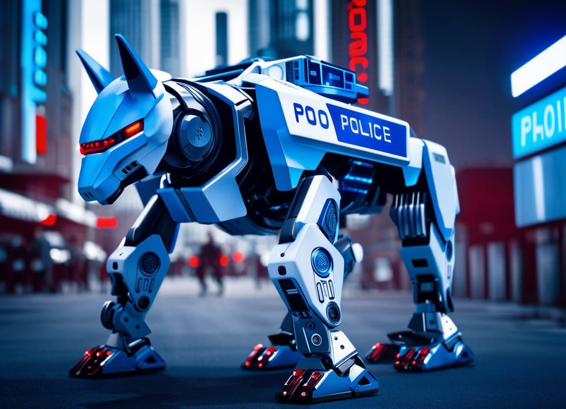 Futuristic Police Robot Dog in Cyberpunk City
