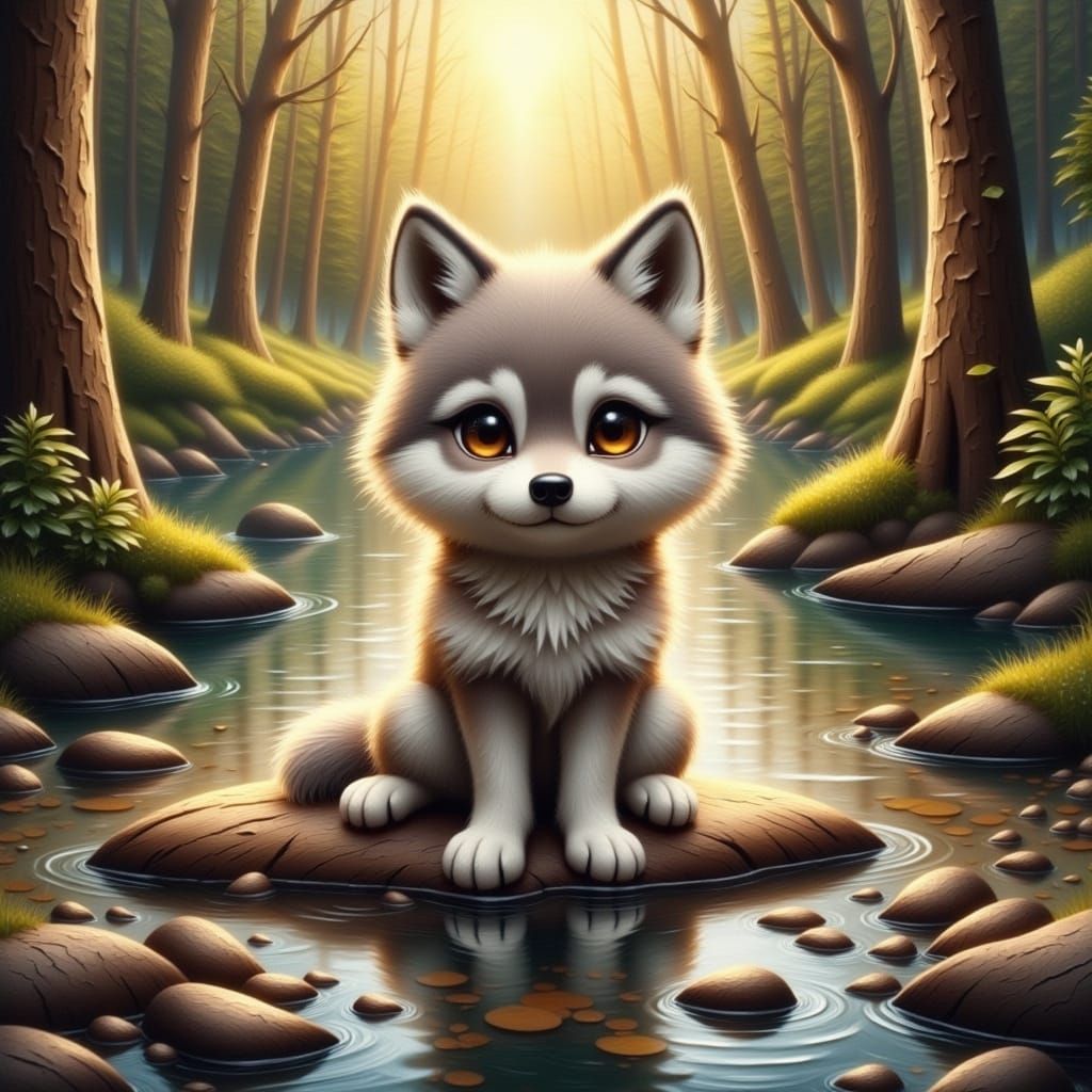 Wolf by River in Furry Anime Impasto Style