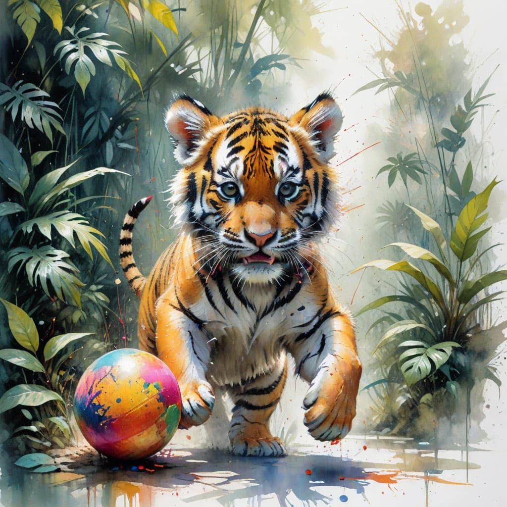 Baby Tiger in Jungle, Watercolour and Ethereal Style