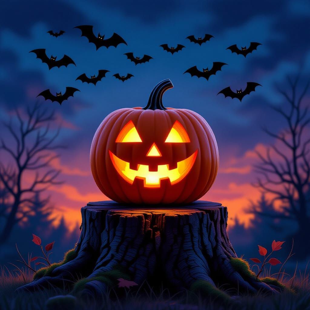Spooky Pumpkin on Stump with Flying Bats