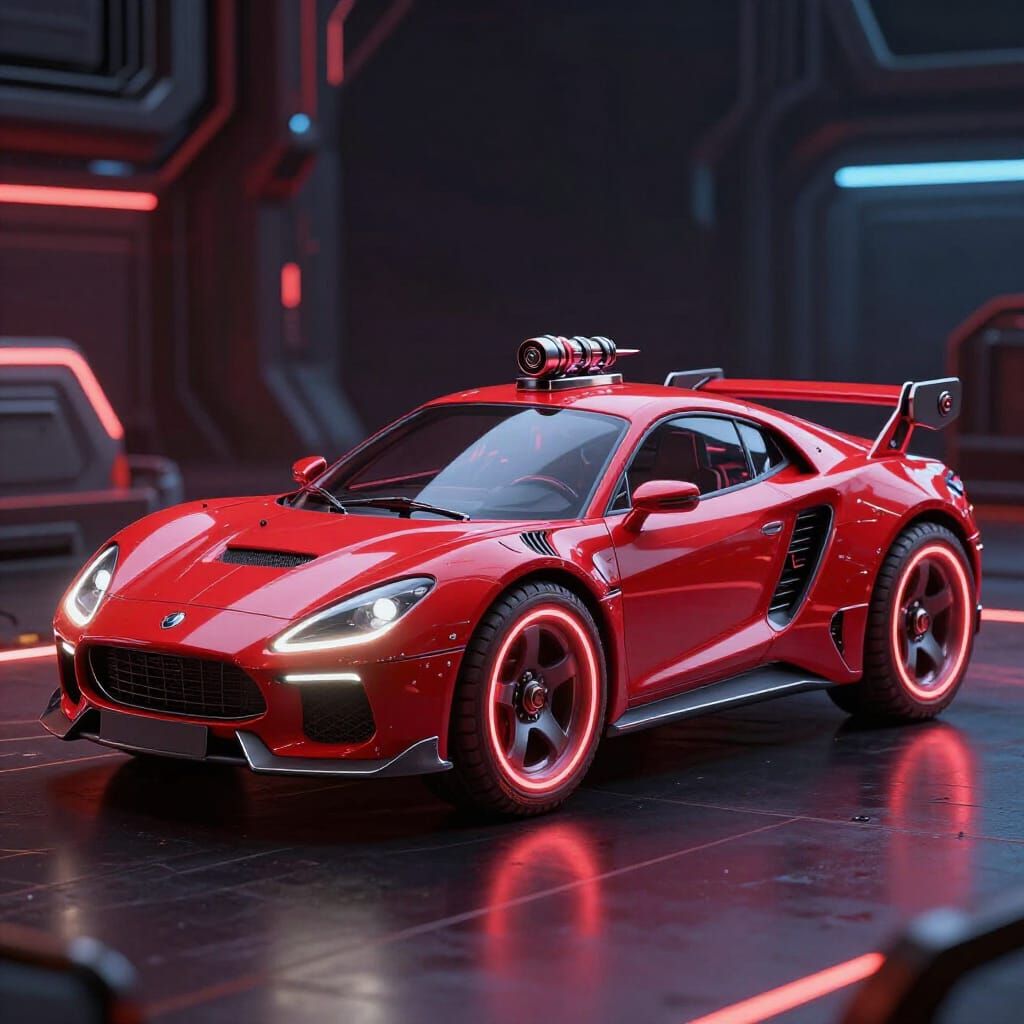 Cyberpunk Neon Red Time Machine Car