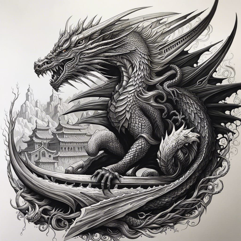 Detailed Black and White Ink Dragon