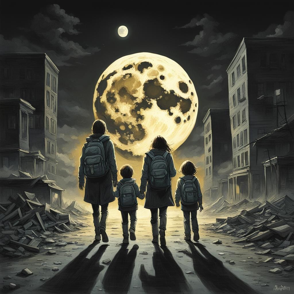 Apocalyptic Mother and Children Under Moon