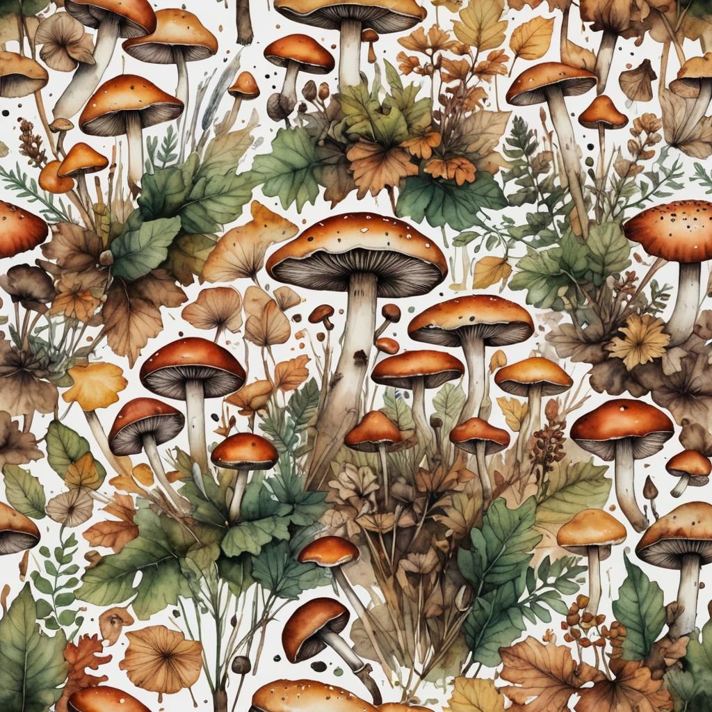 Botanical Autumn Sketchbook with Leaves and Mushrooms