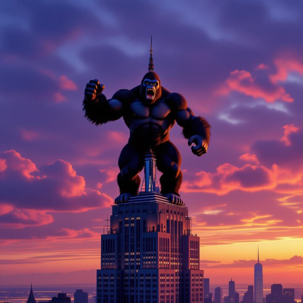 King Kong Roars Atop Empire State Building Sunset