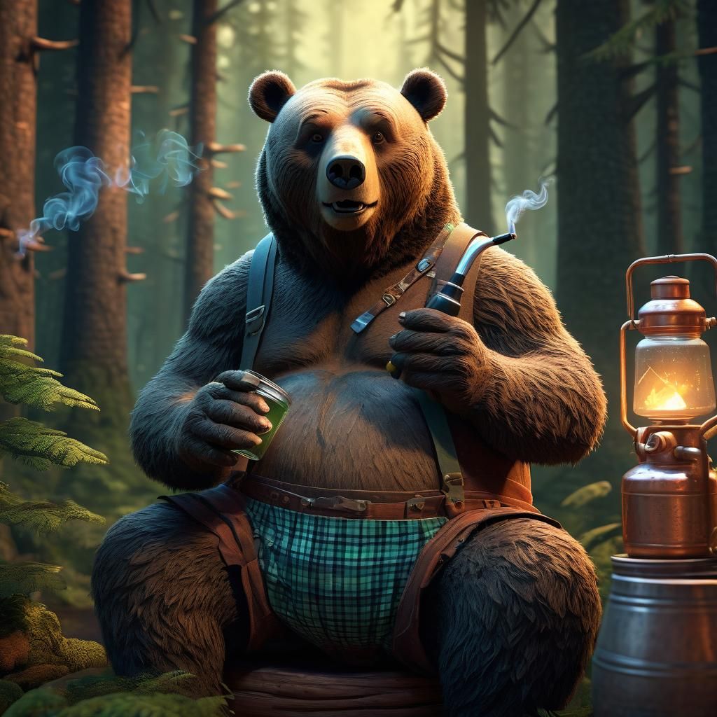 Moonshining Bear in Checkered Boxers: 3D Digital Art