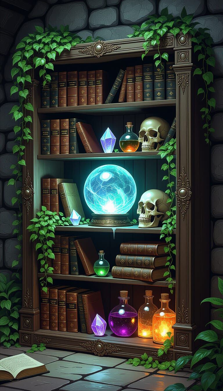 Magical Bookcase with Spell Books and Mystical Items