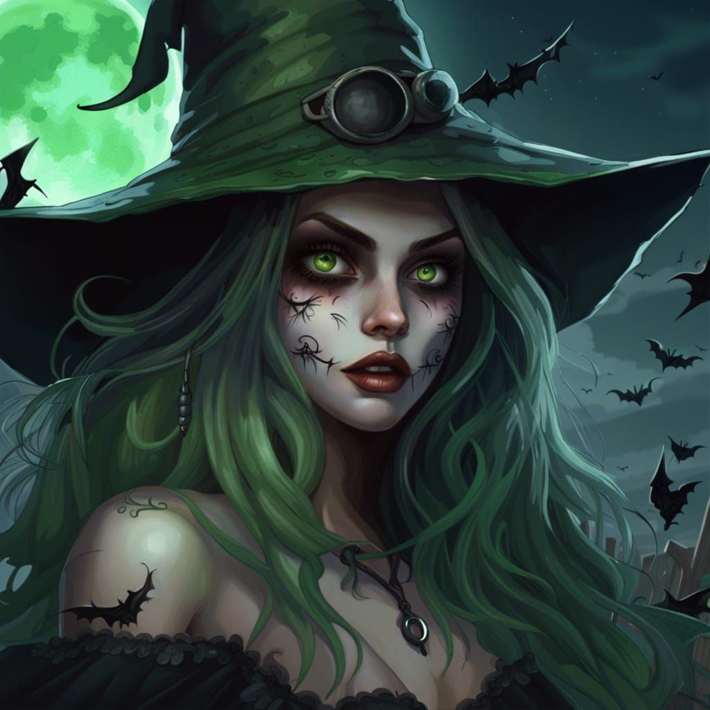Hyperrealistic Witch in Graveyard Under Full Moon