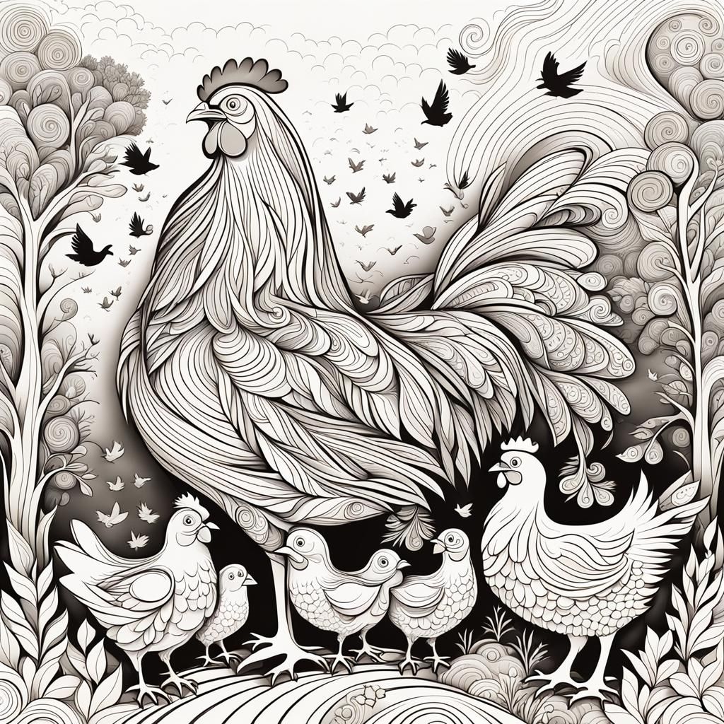 Mother Hen and Chicks in Abstract Vector Style