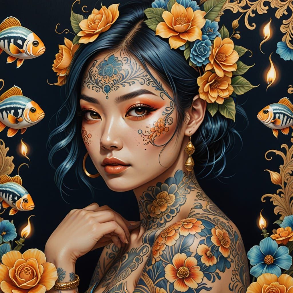 Tattooed Asian Woman in Golden Bikini