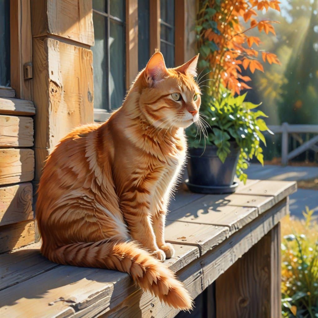 Abstract Watercolor Orange Tabby Cat on Porch