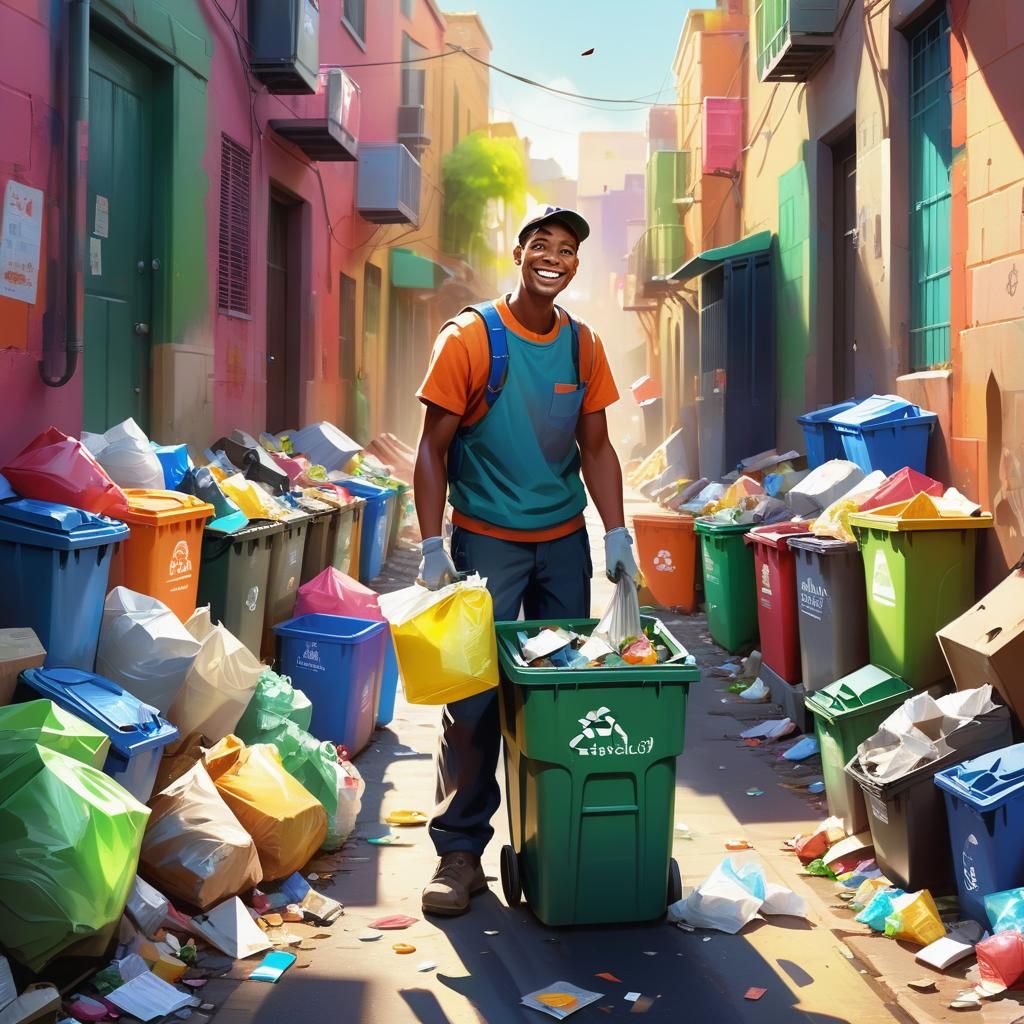 Smiling Trash Collector in Colorful Alleyway: Digital Art