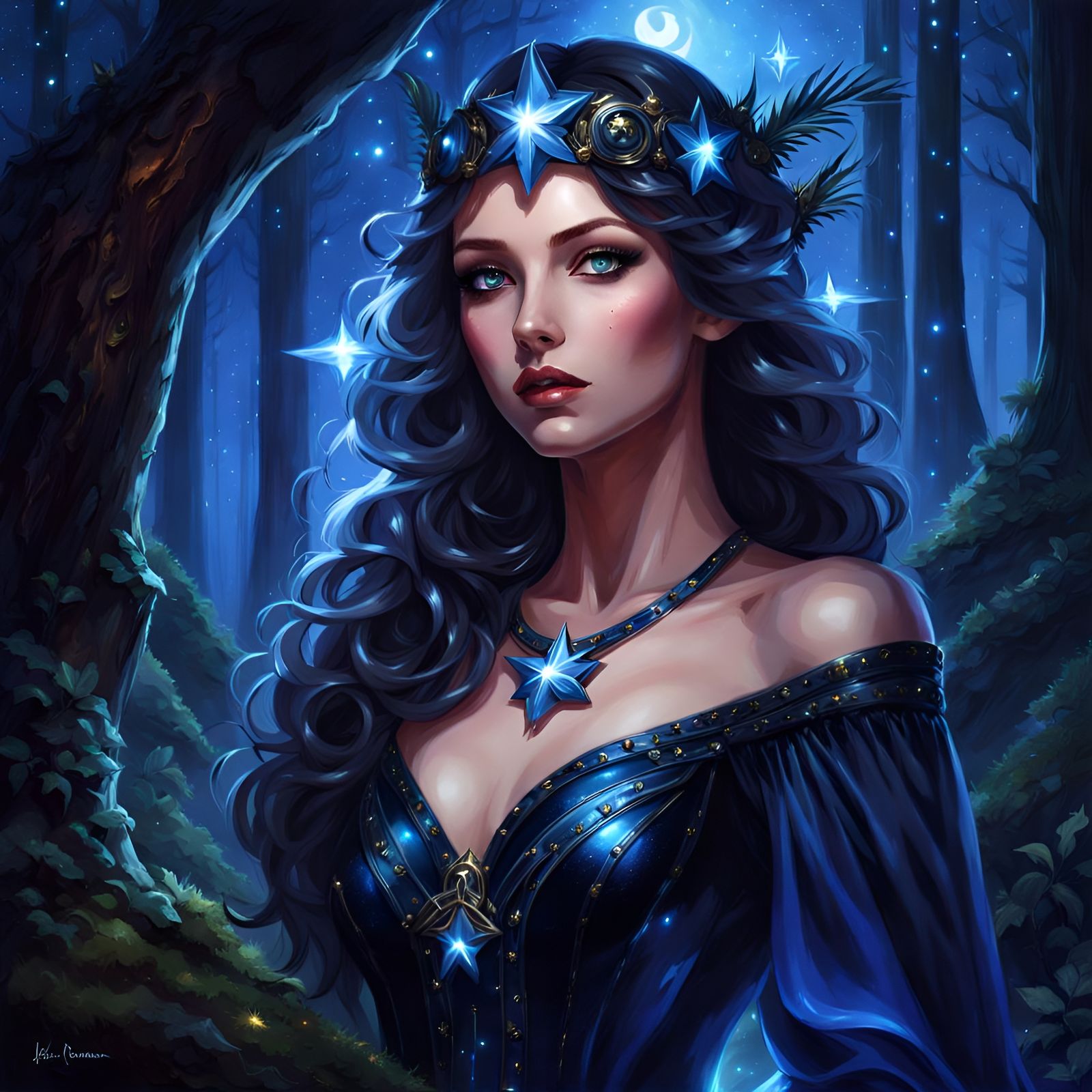 Magical Enchantress in Glowing Forest at Night
