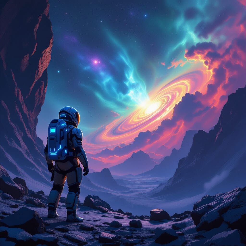 Explorer on Asteroid Edge Gazing at Cosmic Nebula