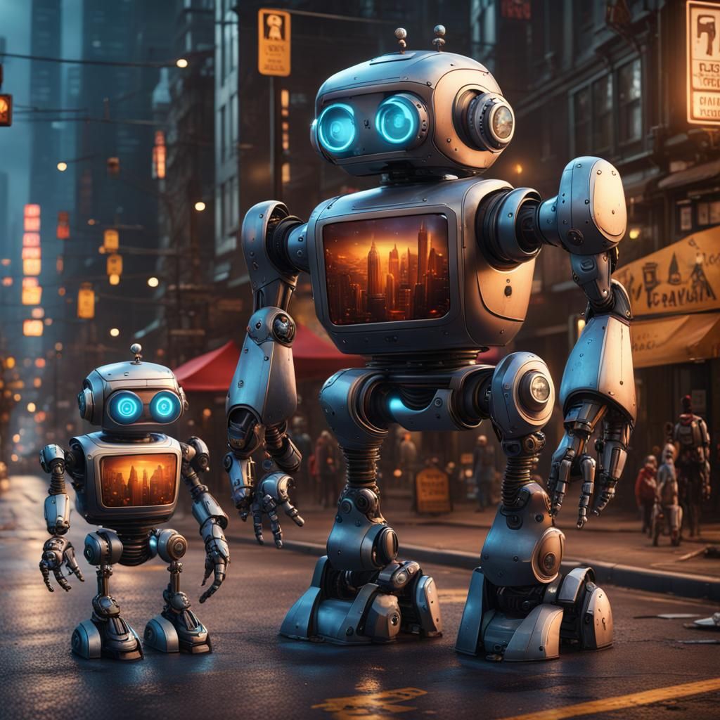 Robot Family Strolling City Street, Fantasy Art
