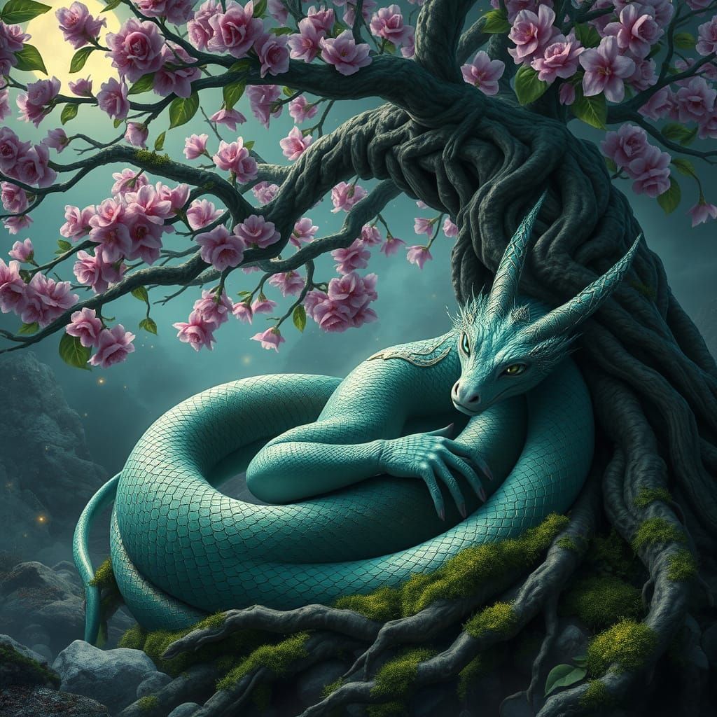 Ethereal Serpentine Goddess Basks in Moonlit Clearing