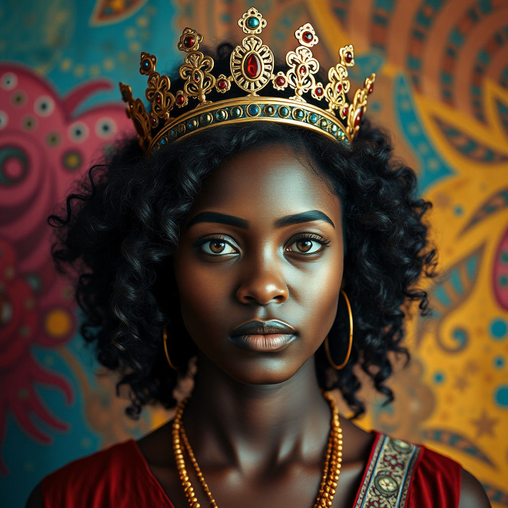 Regal Woman with Crown and Curls in Cinematic Style