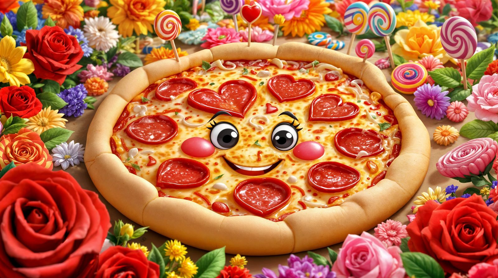 Cheerful Cartoon Pizza with Pepperoni Hearts and Flowers