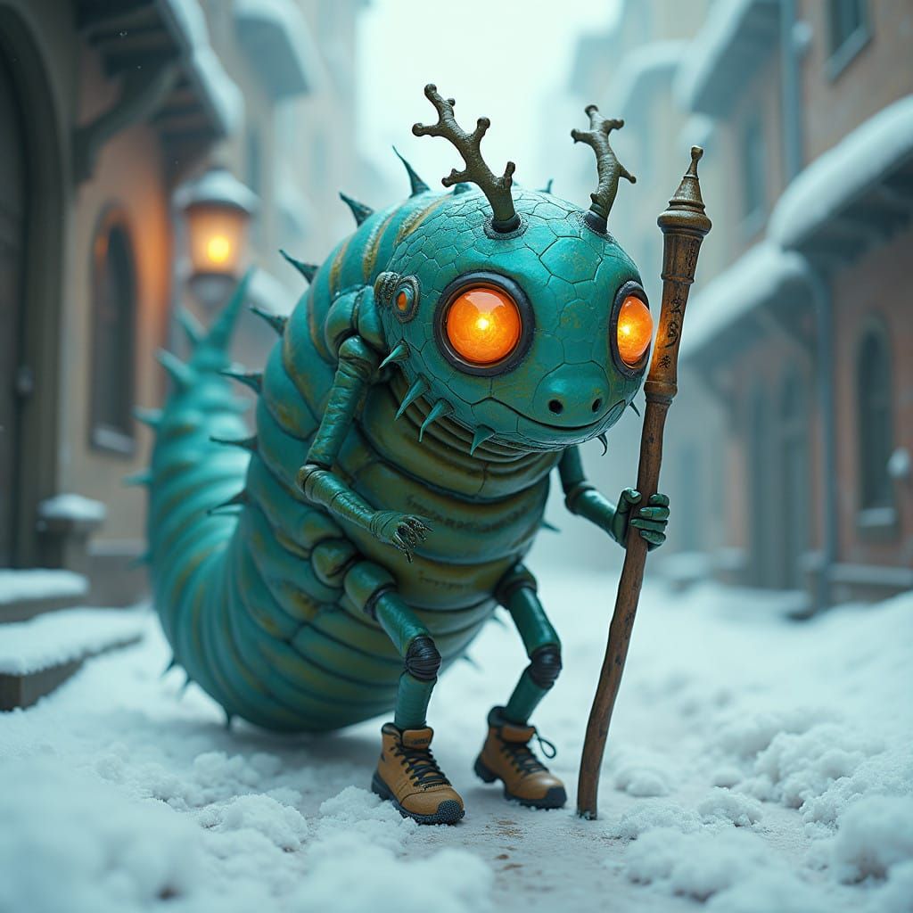 Iridescent Caterpillar Hybrid Navigates Snowy Fantasy World