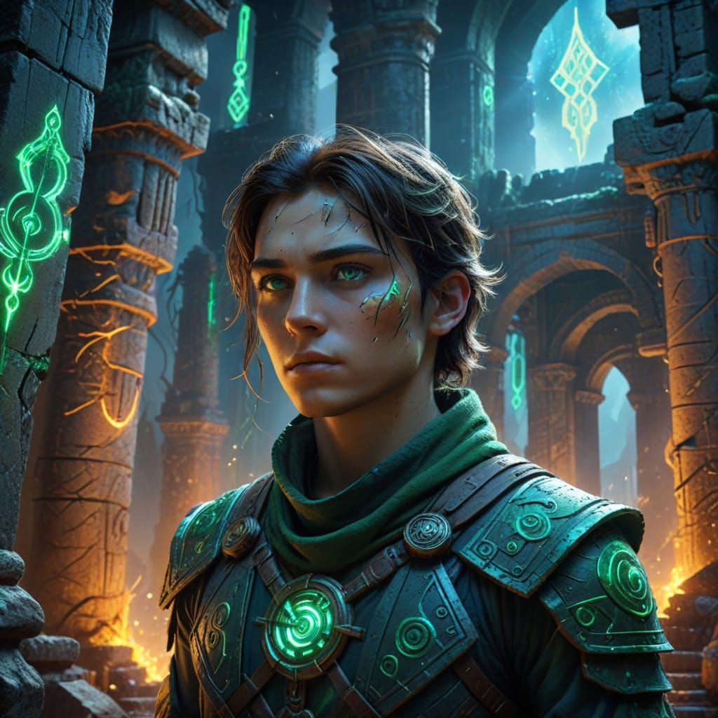 Glowing Eyes of a Futuristic Adventurer in Ancient Ruins