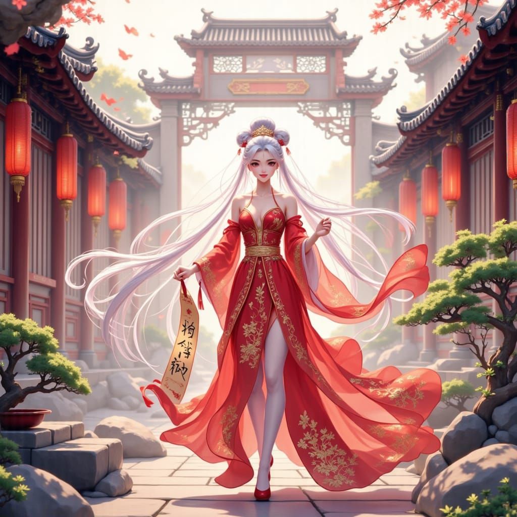 Anime Girl in Red Dress with Gold Embroidery