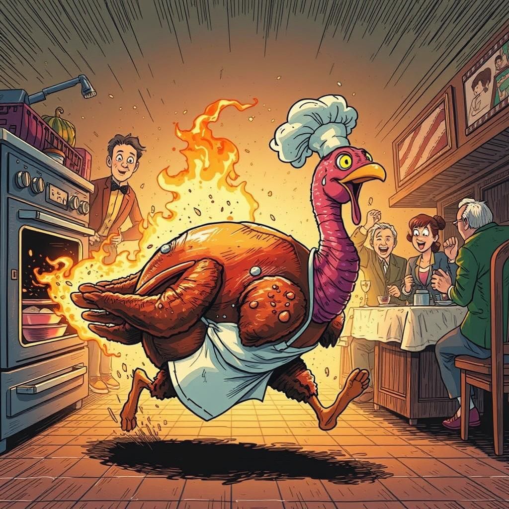 Festive Flaming Turkey Escape, Expressive Line Art