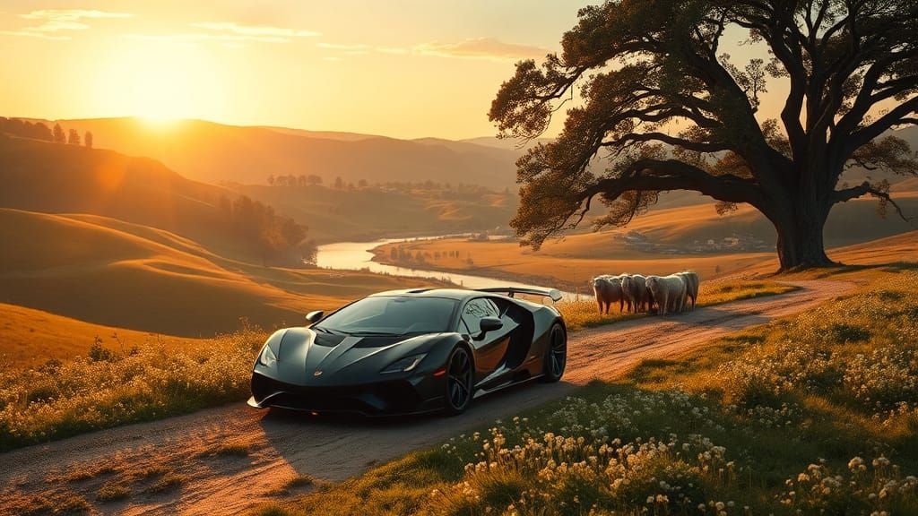 Sports Car Meets Pastoral Dreamscape, Claude Lorrain Style