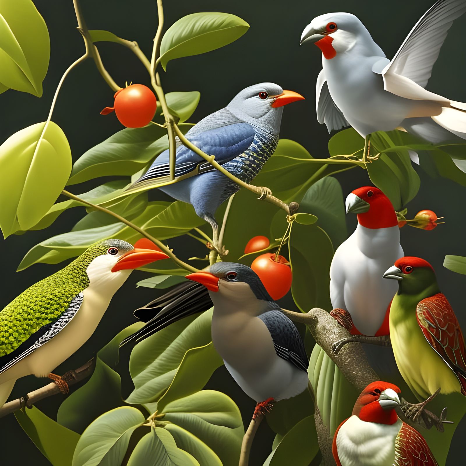 Parrots Eating Cherries at Night: Digital Oil Painting