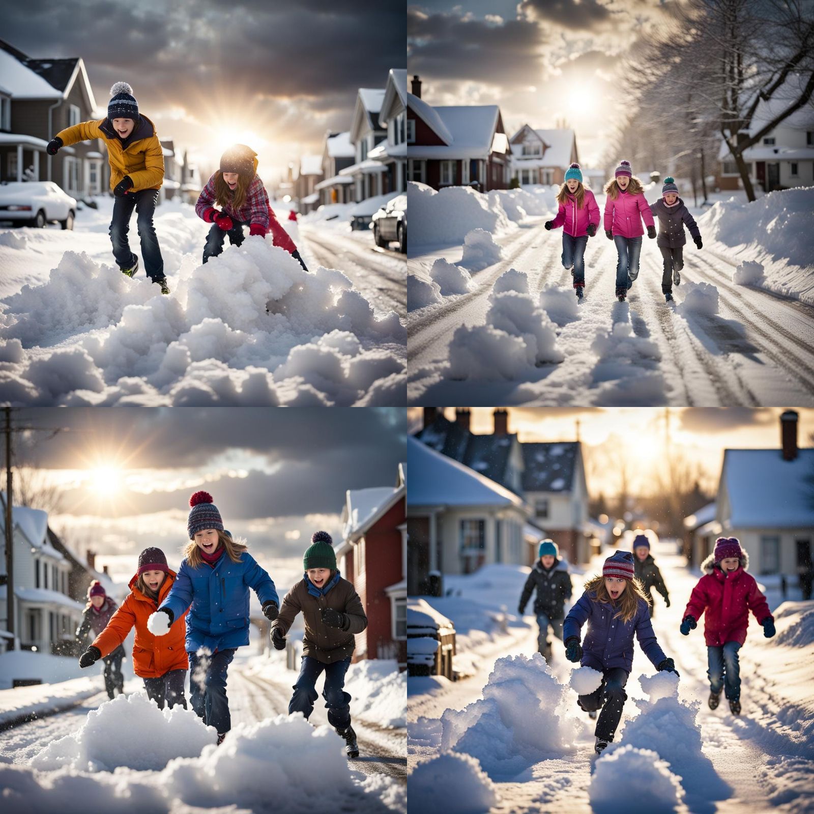 Children's Snowball Fight on a Winter Street