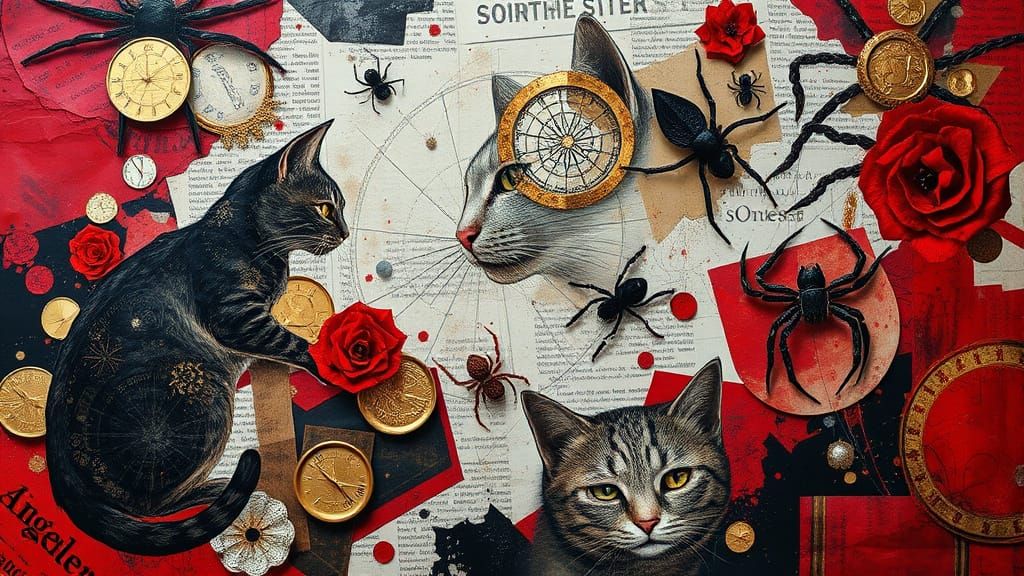 Abstract Mixed Media Masterpiece of Lost Cats and Spiders