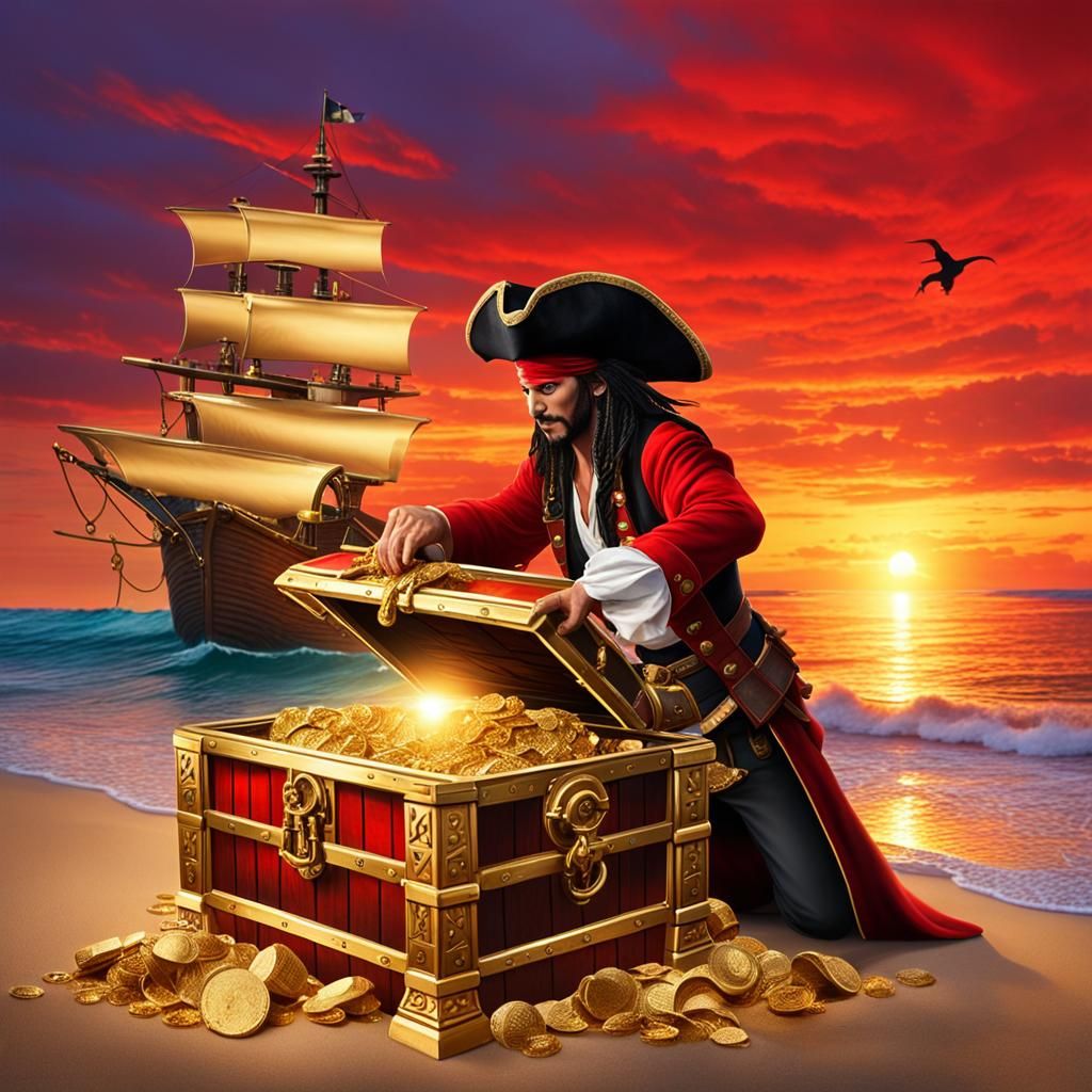 Pirate Finds Gold Treasure at Sunrise
