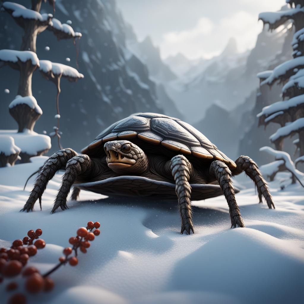 Spider and Turtle in Snowy Landscape
