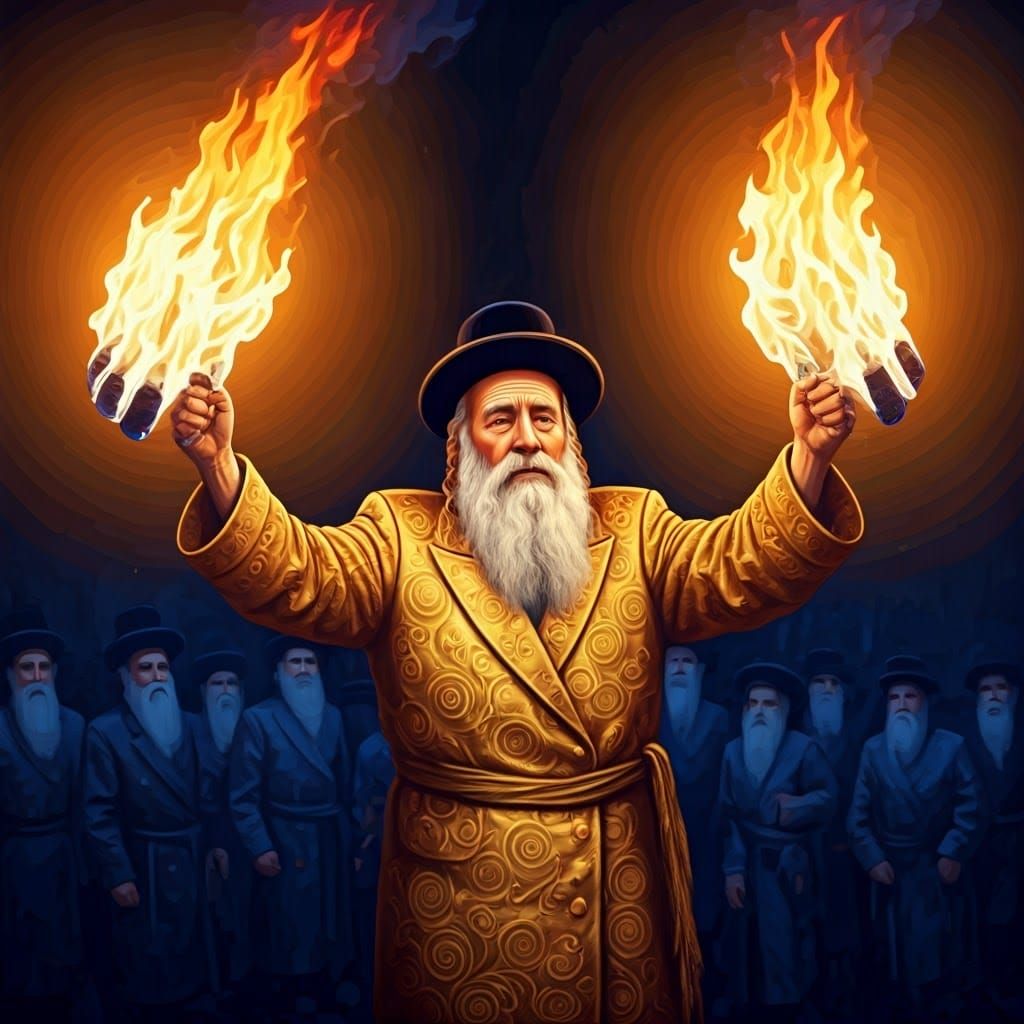 Hasidic Jew Dances with Fire in Surreal Style