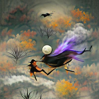 Witch Flying Before a Full Moon Illustration