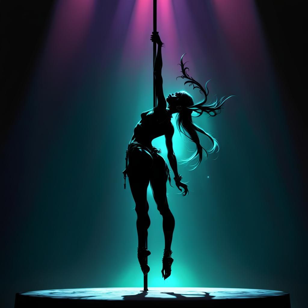 Elven Silhouette Pole Dancer in Acid Art Style