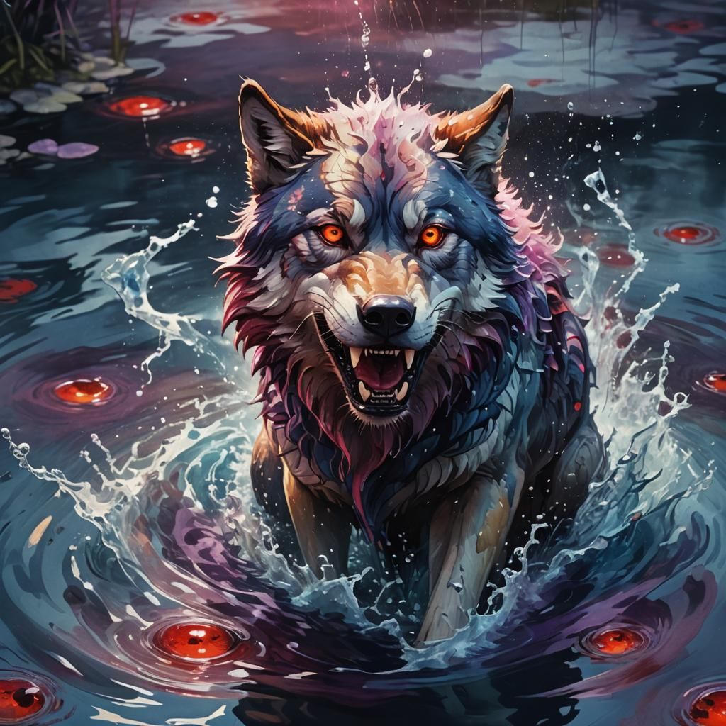 Watercolor Wolf with Red Eyes in Water