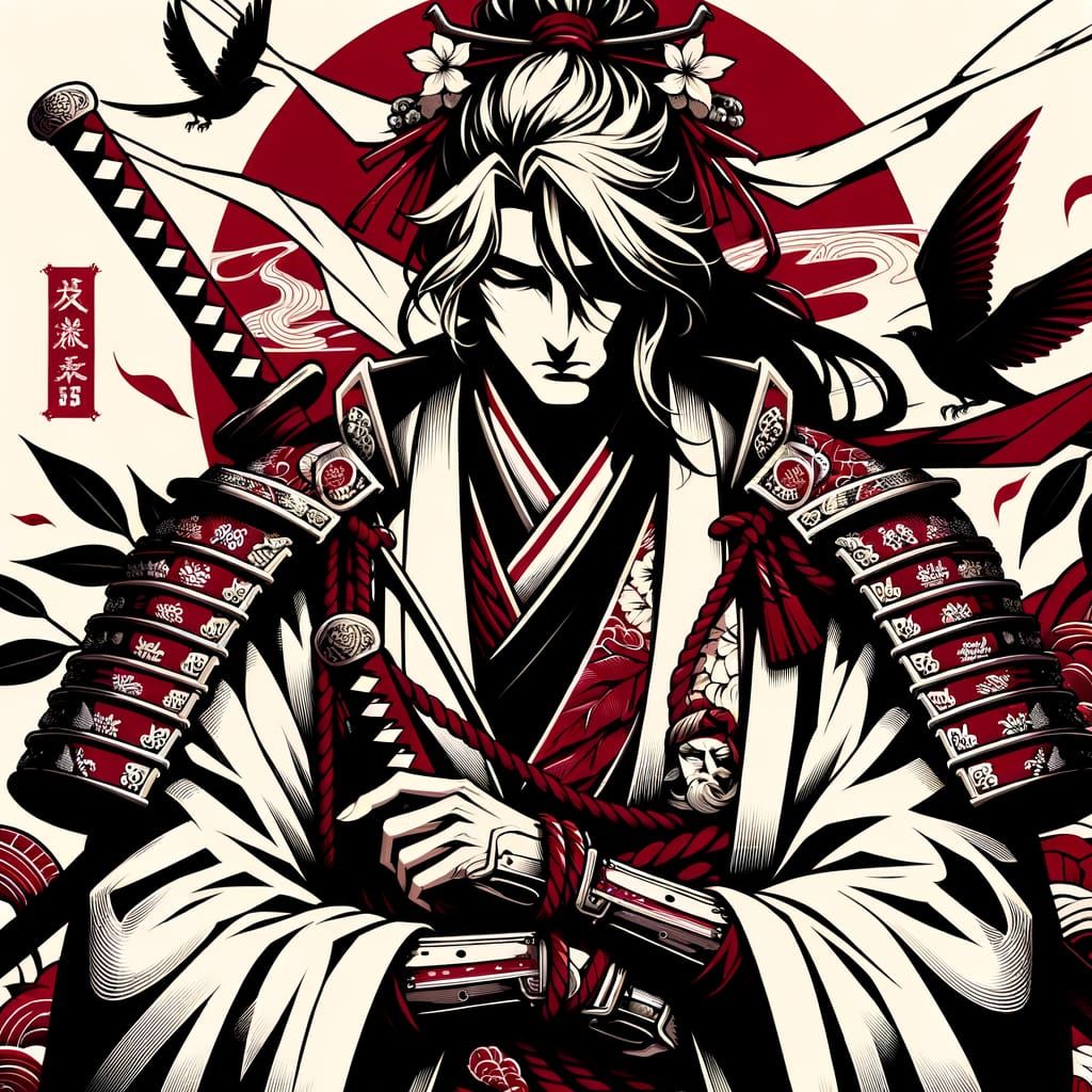 Sorrowful Samurai in Red, White, and Black Anime Style