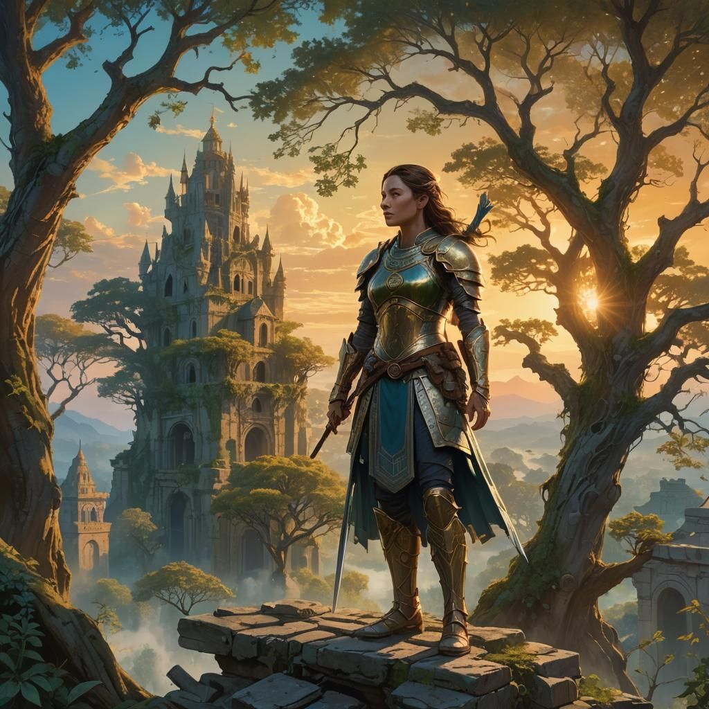 Ethereal Female Warrior in Mystical Landscape