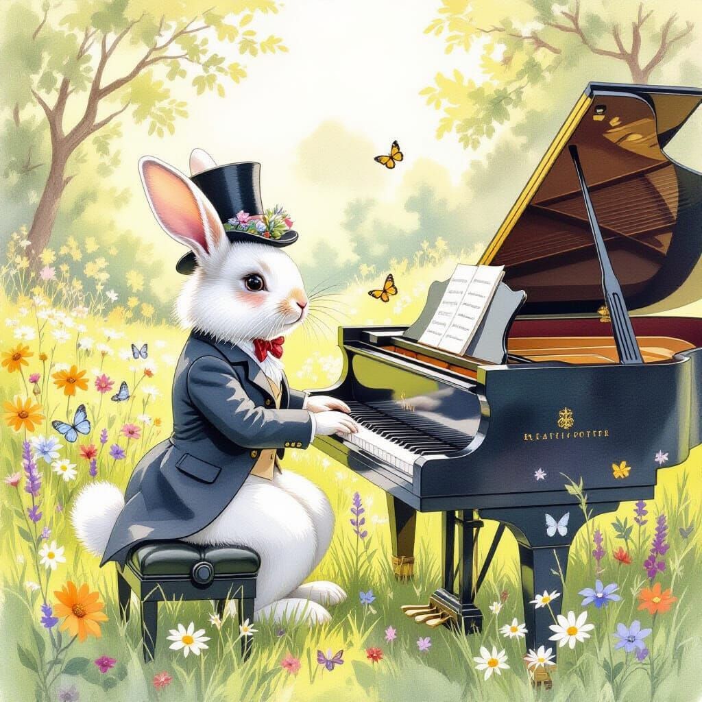 Rabbit at Piano in Meadow, Watercolor Illustration