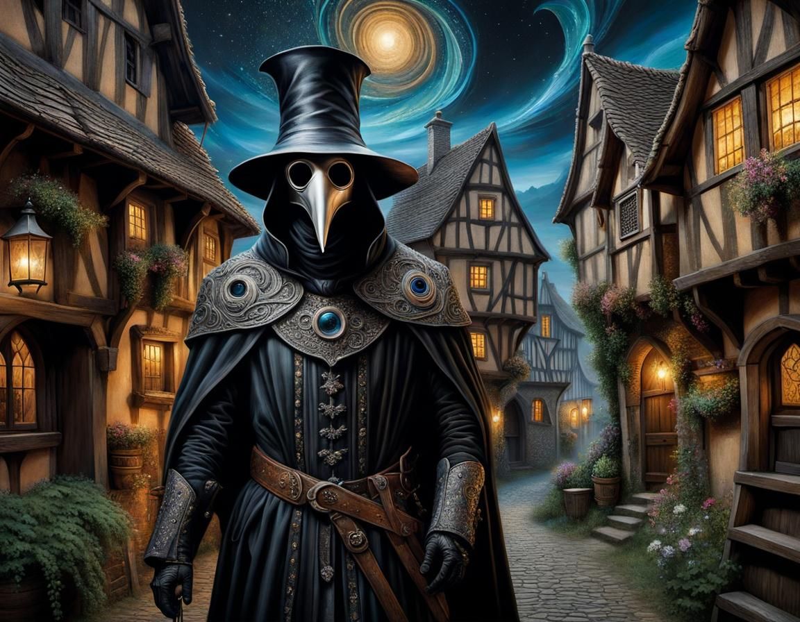 Plague Doctor Portrait in a Medieval Village