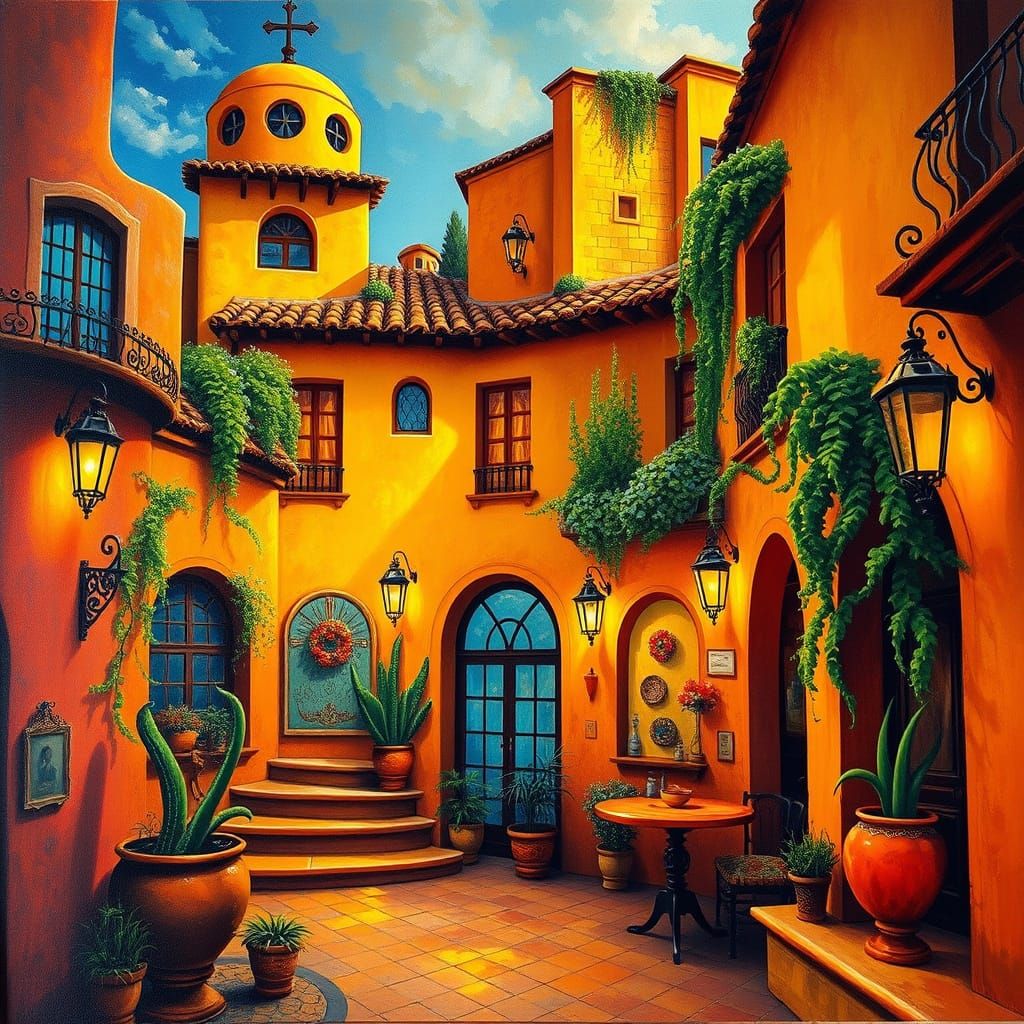 Surreal Spanish Scene with Dali-Inspired Architecture
