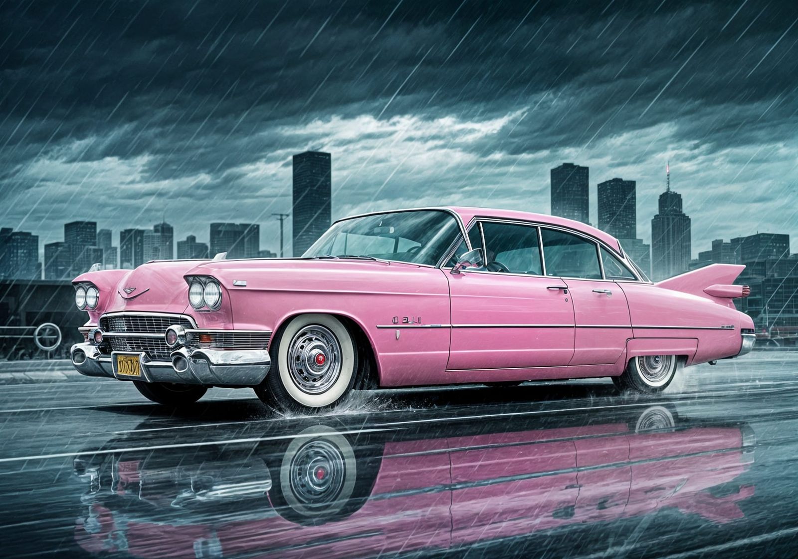 Pink Cadillac Eldorado on Detroit Street, Comics Style
