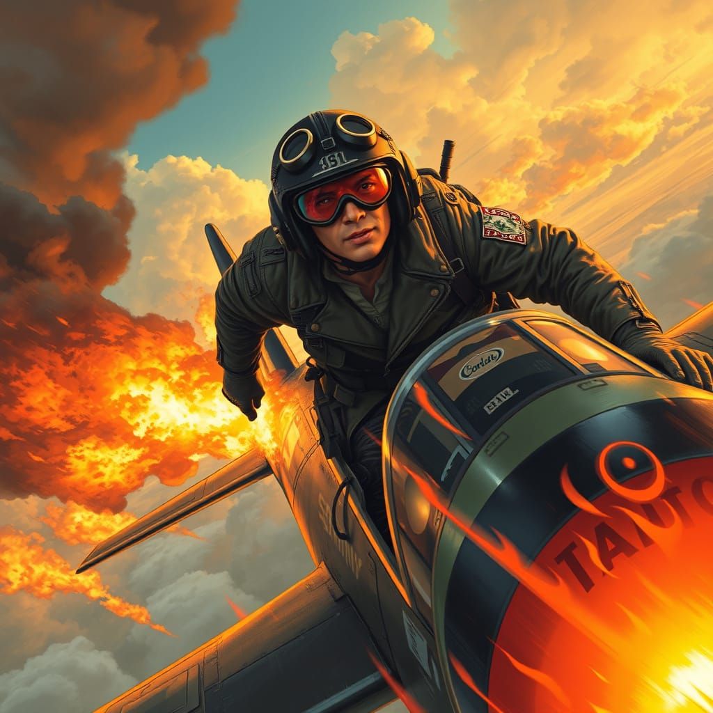 Kamikaze Pilot Soaring Through Fiery Comic Book Sky