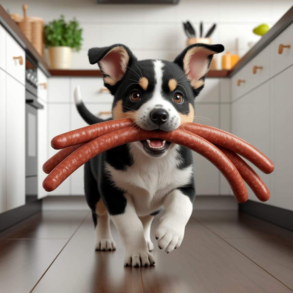 Cute Puppy Steals Sausages in a Kitchen