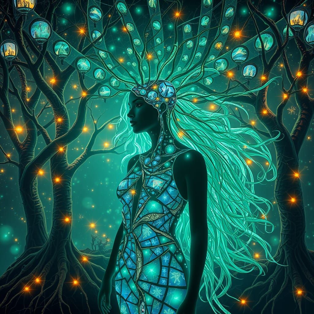 Bioluminescent Forest with Mirrored Roots and Mythical Creat...