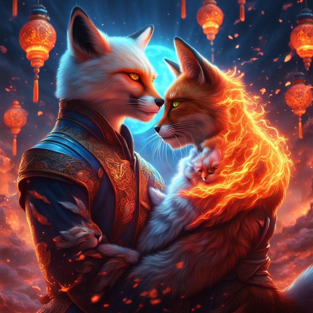 Fox and Cat Asian Men in Love, Detailed Matte Painting
